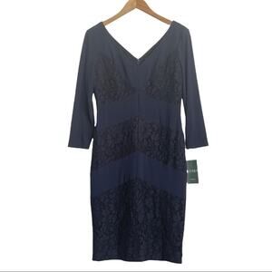 Lauren Ralph Lauren Chevron Lace Inserts V-neck Navy Jersey‎ Dress NWT Size 8